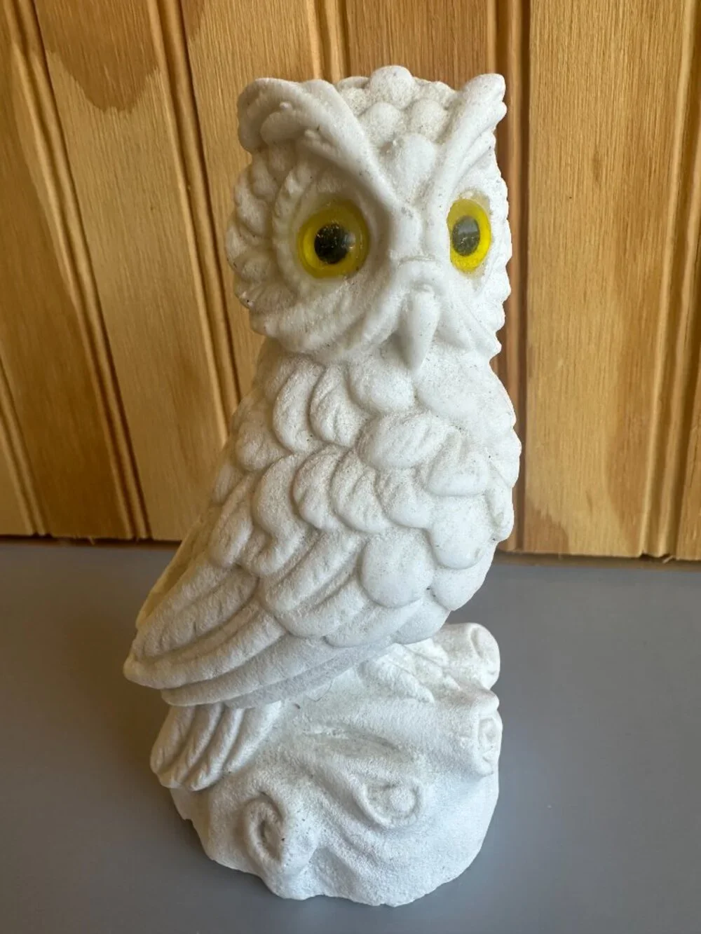 Vintage Snow White Owl Carved Alabaster Stone Yellow Eye Italy Sandstone